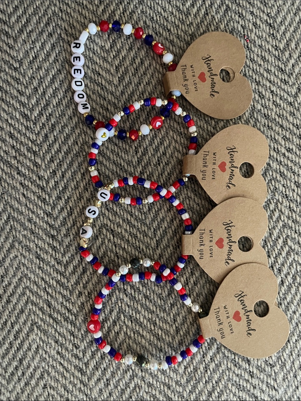 Patriotic Red White Blue Beaded Bracelet - Handmade USA Style